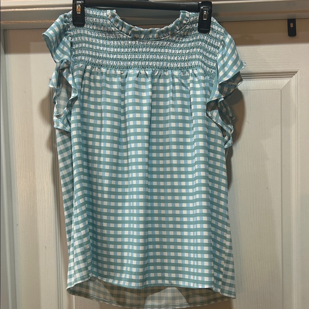 Ann Taylor Blue Gingham Ruffle Sleeve Top sz M